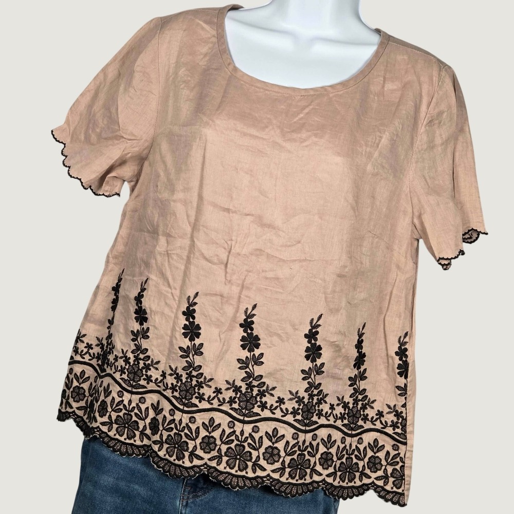 J.Crew Women 10 Scalloped Embroidered Linen Blouse Sandy Reef Beige Cute Breezy